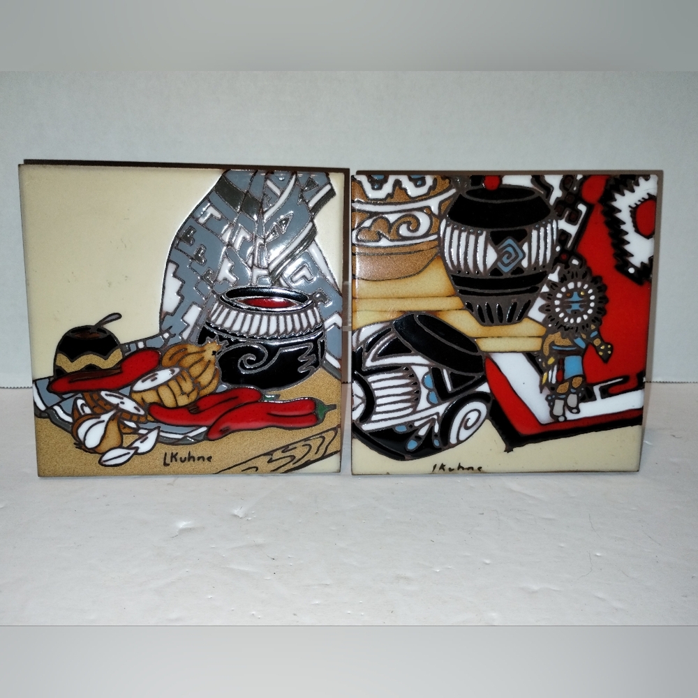 L KUHNE Artist Signed  6X6 Tiles Earthtones Southwestern Art With Papers On Back